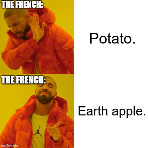 Drake Hotline Bling Meme | THE FRENCH:; Potato. THE FRENCH:; Earth apple. | image tagged in memes,drake hotline bling | made w/ Imgflip meme maker