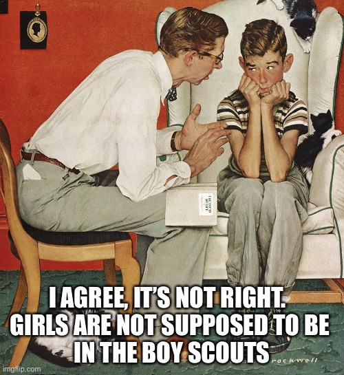 Norman Rockwell  | I AGREE, IT’S NOT RIGHT.  
GIRLS ARE NOT SUPPOSED TO BE 
IN THE BOY SCOUTS | image tagged in norman rockwell | made w/ Imgflip meme maker