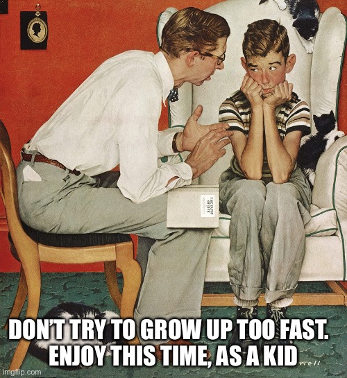 Kids Should Be Kids | DON’T TRY TO GROW UP TOO FAST.  
ENJOY THIS TIME, AS A KID | image tagged in norman rockwell | made w/ Imgflip meme maker