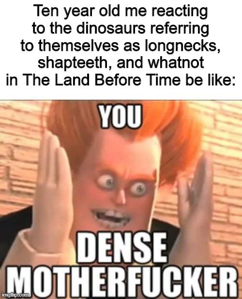 you dense motherfucker | Ten year old me reacting to the dinosaurs referring to themselves as longnecks, shapteeth, and whatnot in The Land Before Time be like: | image tagged in you dense motherfucker,memes | made w/ Imgflip meme maker