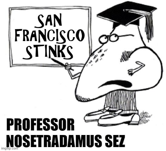 Due to thousands of homeless people defecating in the streets | SAN FRANCISCO STINKS; NOSETRADAMUS SEZ; PROFESSOR | image tagged in vince vance,the nose,knows,nostradamus,san francisco,memes | made w/ Imgflip meme maker
