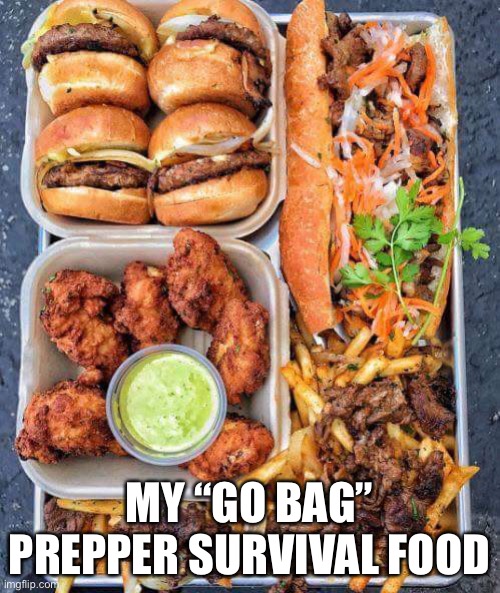 P-dubs food truck rocks | MY “GO BAG”
PREPPER SURVIVAL FOOD | image tagged in p-dubs food truck rocks | made w/ Imgflip meme maker