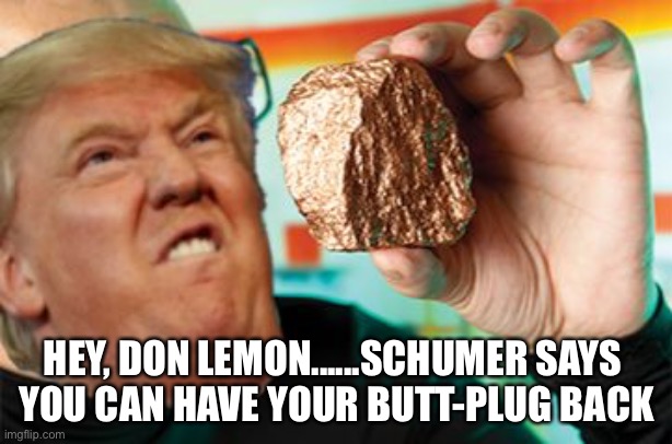 Trump loves rocks | HEY, DON LEMON......SCHUMER SAYS 
YOU CAN HAVE YOUR BUTT-PLUG BACK | image tagged in trump loves rocks | made w/ Imgflip meme maker