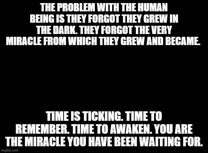 blank black | THE PROBLEM WITH THE HUMAN BEING IS THEY FORGOT THEY GREW IN THE DARK. THEY FORGOT THE VERY MIRACLE FROM WHICH THEY GREW AND BECAME. TIME IS TICKING. TIME TO REMEMBER. TIME TO AWAKEN. YOU ARE THE MIRACLE YOU HAVE BEEN WAITING FOR. | image tagged in blank black | made w/ Imgflip meme maker