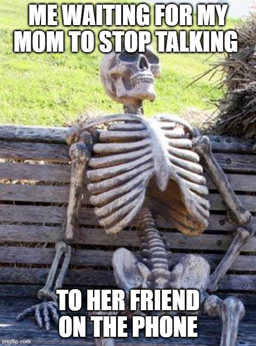 Waiting Skeleton | ME WAITING FOR MY MOM TO STOP TALKING; TO HER FRIEND ON THE PHONE | image tagged in memes,waiting skeleton | made w/ Imgflip meme maker