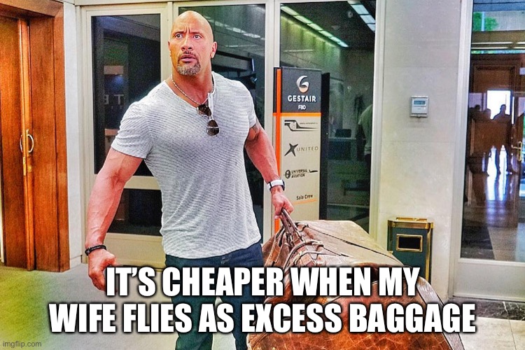 The rock bag | IT’S CHEAPER WHEN MY WIFE FLIES AS EXCESS BAGGAGE | image tagged in the rock bag | made w/ Imgflip meme maker