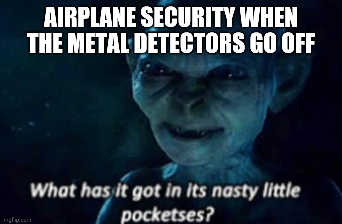 What has it got in its nasty little pocketses? | AIRPLANE SECURITY WHEN THE METAL DETECTORS GO OFF | image tagged in what has it got in its nasty little pocketses | made w/ Imgflip meme maker