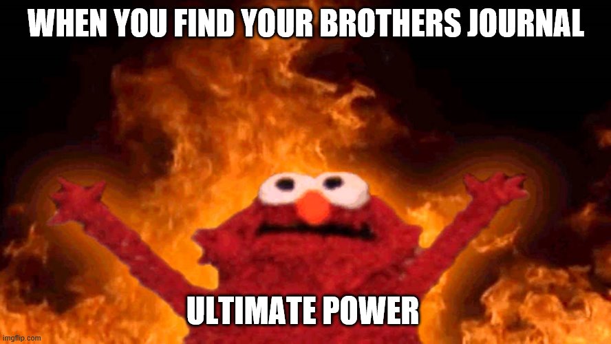 elmo fire | WHEN YOU FIND YOUR BROTHERS JOURNAL; ULTIMATE POWER | image tagged in elmo fire,secerets,brothers | made w/ Imgflip meme maker