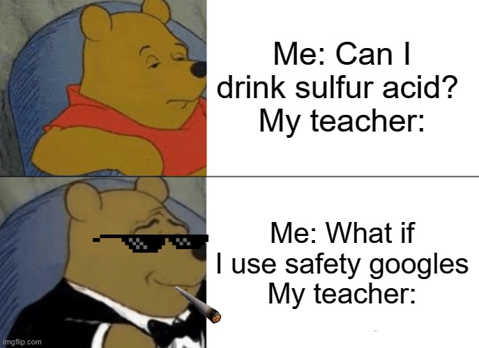 Tuxedo Winnie The Pooh Meme | Me: Can I drink sulfur acid? 
My teacher:; Me: What if I use safety googles
My teacher: | image tagged in memes,tuxedo winnie the pooh | made w/ Imgflip meme maker
