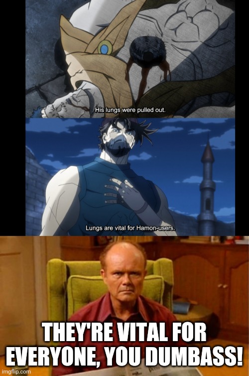 JoJo's A Dumbass | THEY'RE VITAL FOR EVERYONE, YOU DUMBASS! | image tagged in red forman dumbass,jojo's bizarre adventure | made w/ Imgflip meme maker