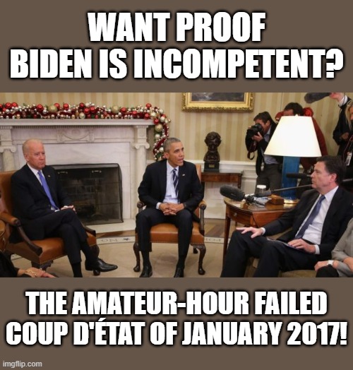 They should have read "Coups D'état For Dummies!" | WANT PROOF BIDEN IS INCOMPETENT? THE AMATEUR-HOUR FAILED COUP D'ÉTAT OF JANUARY 2017! | image tagged in memes,stupid liberals,russia collusion,steele dossier,fbi lies,failed coup d'etat | made w/ Imgflip meme maker