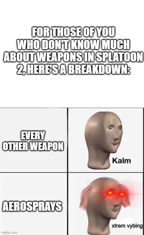 Basically, I'm saying that Aerospray mains go crazy, especially with motion controls | FOR THOSE OF YOU WHO DON'T KNOW MUCH ABOUT WEAPONS IN SPLATOON 2, HERE'S A BREAKDOWN:; EVERY OTHER WEAPON; AEROSPRAYS; xtrem vybing | image tagged in blank white template,reverse kalm panik | made w/ Imgflip meme maker