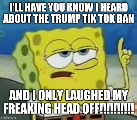 I'll Have You Know Spongebob | I'LL HAVE YOU KNOW I HEARD ABOUT THE TRUMP TIK TOK BAN; AND I ONLY LAUGHED MY FREAKING HEAD OFF!!!!!!!!!! | image tagged in memes,i'll have you know spongebob | made w/ Imgflip meme maker