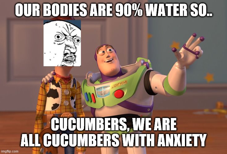X, X Everywhere | OUR BODIES ARE 90% WATER SO.. CUCUMBERS, WE ARE ALL CUCUMBERS WITH ANXIETY | image tagged in memes | made w/ Imgflip meme maker