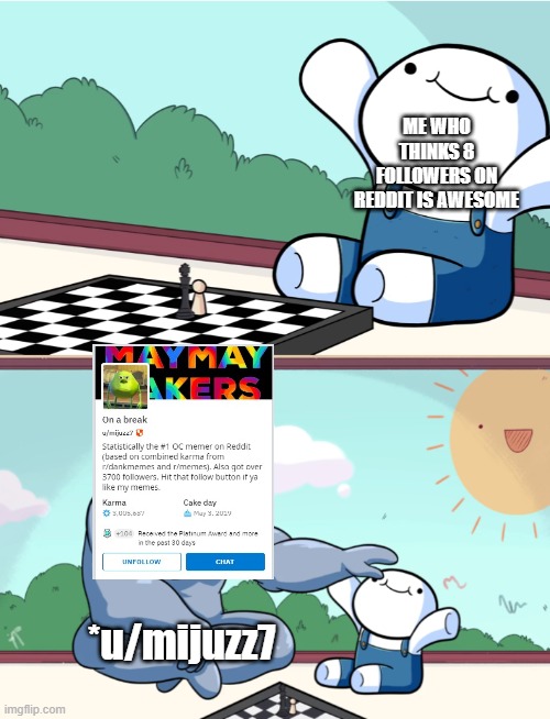 odd1sout vs computer chess | ME WHO THINKS 8 FOLLOWERS ON REDDIT IS AWESOME; *u/mijuzz7 | image tagged in odd1sout vs computer chess,memes | made w/ Imgflip meme maker
