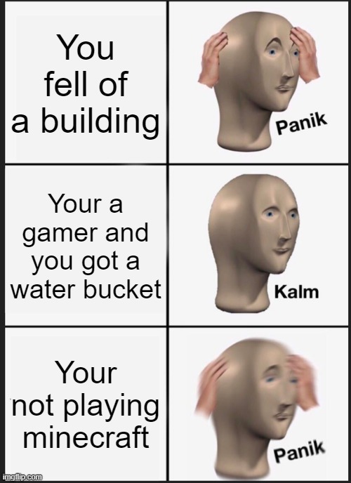 :p | You fell of a building; Your a gamer and you got a water bucket; Your not playing minecraft | image tagged in memes,panik kalm panik | made w/ Imgflip meme maker