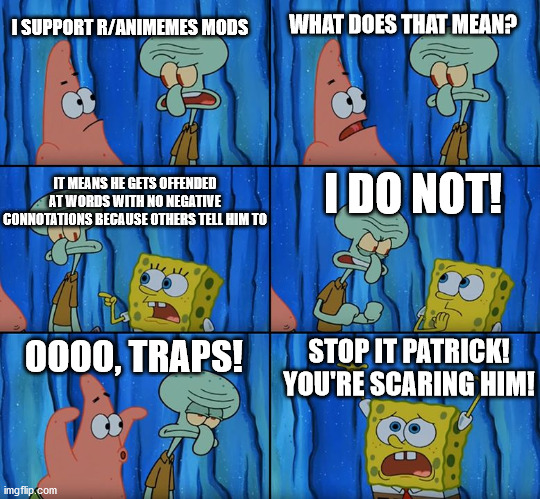 Stop it, Patrick! You're Scaring Him! | I SUPPORT R/ANIMEMES MODS; WHAT DOES THAT MEAN? IT MEANS HE GETS OFFENDED AT WORDS WITH NO NEGATIVE CONNOTATIONS BECAUSE OTHERS TELL HIM TO; I DO NOT! OOOO, TRAPS! STOP IT PATRICK! YOU'RE SCARING HIM! | image tagged in stop it patrick you're scaring him | made w/ Imgflip meme maker