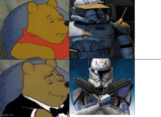 Cody is ok but rex oh rex is better | image tagged in memes,tuxedo winnie the pooh,clone wars | made w/ Imgflip meme maker