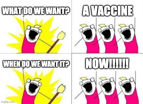 What Do We Want |  WHAT DO WE WANT? A VACCINE; NOW!!!!!! WHEN DO WE WANT IT? | image tagged in memes,what do we want,a vaccine,when do we want it,now | made w/ Imgflip meme maker