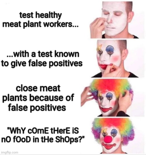 Food shortages in 5, 4, 3... | test healthy meat plant workers... ...with a test known to give false positives; close meat plants because of false positives; "WhY cOmE tHerE iS nO fOoD in tHe ShOps?" | image tagged in clown applying makeup | made w/ Imgflip meme maker