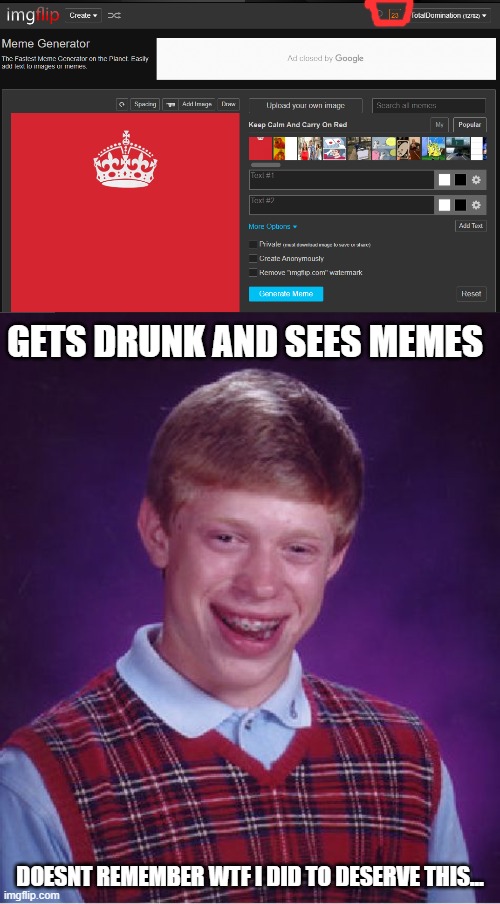 GETS DRUNK AND SEES MEMES; DOESNT REMEMBER WTF I DID TO DESERVE THIS... | image tagged in memes,bad luck brian | made w/ Imgflip meme maker