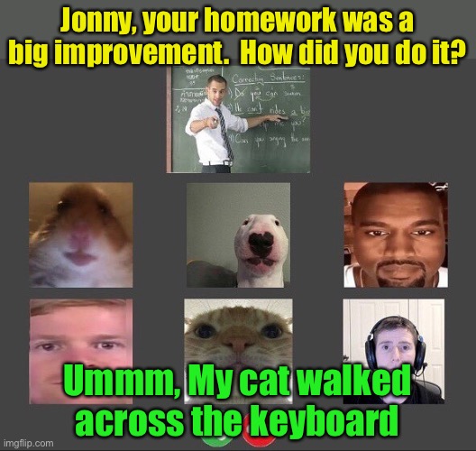 Distance learning hack | Jonny, your homework was a big improvement.  How did you do it? Ummm, My cat walked across the keyboard | image tagged in online class | made w/ Imgflip meme maker