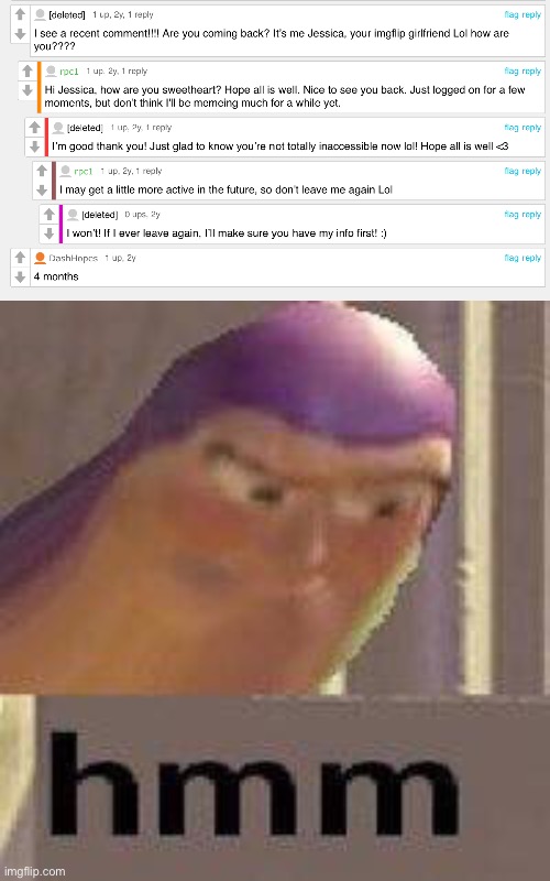 Account deleted lol | image tagged in buzz lightyear hmm,comments,cursed comments,memes,imgflip,imgflip girlfreind | made w/ Imgflip meme maker