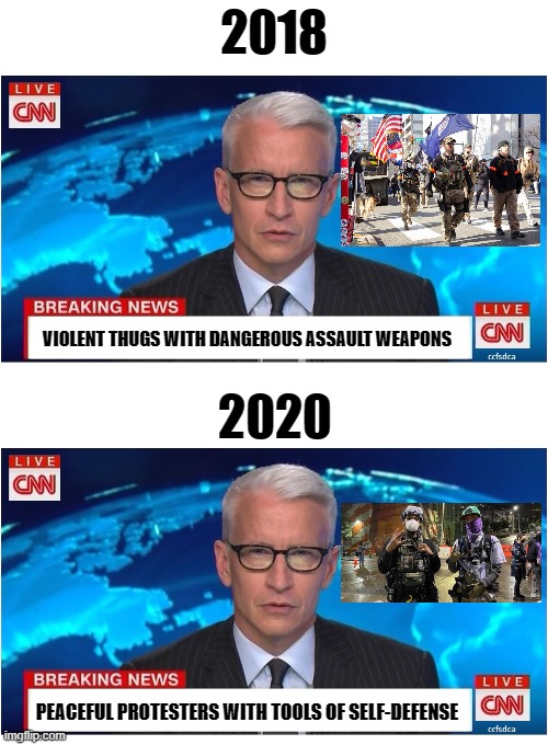 This seems backwards to me. | 2018; VIOLENT THUGS WITH DANGEROUS ASSAULT WEAPONS; 2020; PEACEFUL PROTESTERS WITH TOOLS OF SELF-DEFENSE | image tagged in cnn breaking news anderson cooper,blm,guns | made w/ Imgflip meme maker