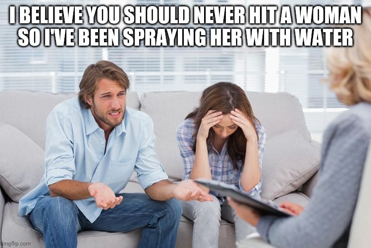 couples therapy | I BELIEVE YOU SHOULD NEVER HIT A WOMAN
SO I'VE BEEN SPRAYING HER WITH WATER | image tagged in couples therapy | made w/ Imgflip meme maker