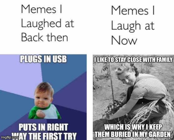 Memes Then and Now - Housewife Garden | image tagged in memes i laughed at then vs memes i laugh at now,dark humor,death,creepy,1950s housewife,50s housewife | made w/ Imgflip meme maker