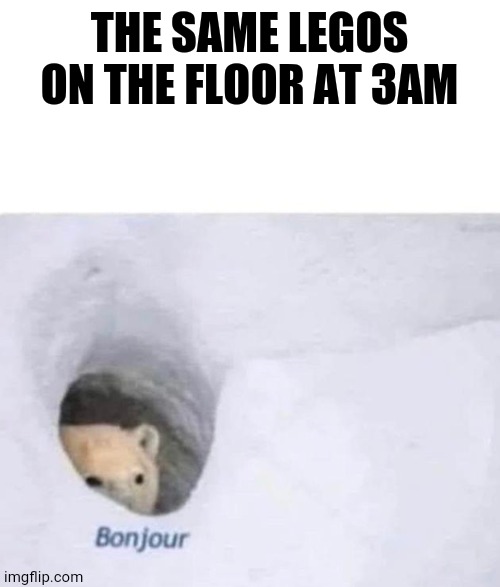 Bonjour | THE SAME LEGOS ON THE FLOOR AT 3AM | image tagged in bonjour | made w/ Imgflip meme maker