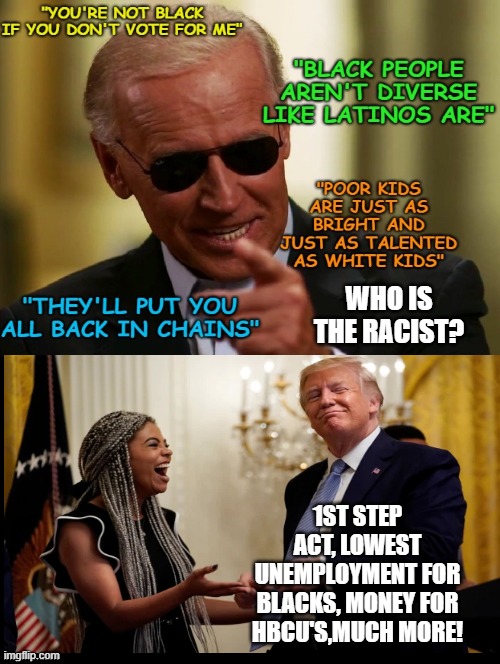 Who is the Racist? | WHO IS THE RACIST? 1ST STEP ACT, LOWEST UNEMPLOYMENT FOR BLACKS, MONEY FOR HBCU'S,MUCH MORE! | image tagged in stupid liberals,biden,democrats,trump | made w/ Imgflip meme maker