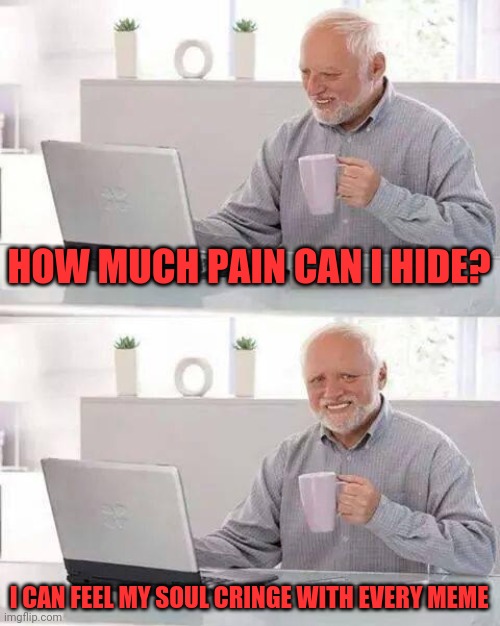Hide the Pain Harold | HOW MUCH PAIN CAN I HIDE? I CAN FEEL MY SOUL CRINGE WITH EVERY MEME | image tagged in memes,hide the pain harold | made w/ Imgflip meme maker