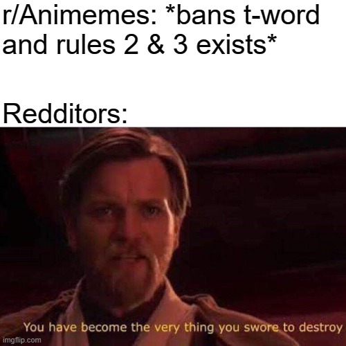 Top 10 Anime Betrayals | r/Animemes: *bans t-word and rules 2 & 3 exists*; Redditors: | image tagged in you have become the very thing you swore to destroy,star wars,reddit | made w/ Imgflip meme maker