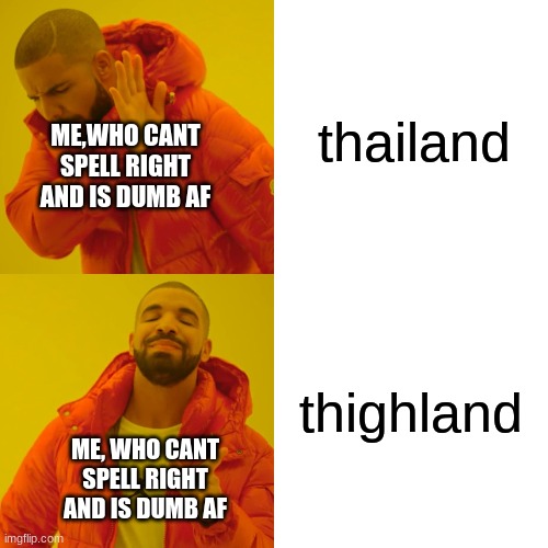 Drake Hotline Bling Meme | thailand thighland ME,WHO CANT SPELL RIGHT AND IS DUMB AF ME, WHO CANT SPELL RIGHT AND IS DUMB AF | image tagged in memes,drake hotline bling | made w/ Imgflip meme maker