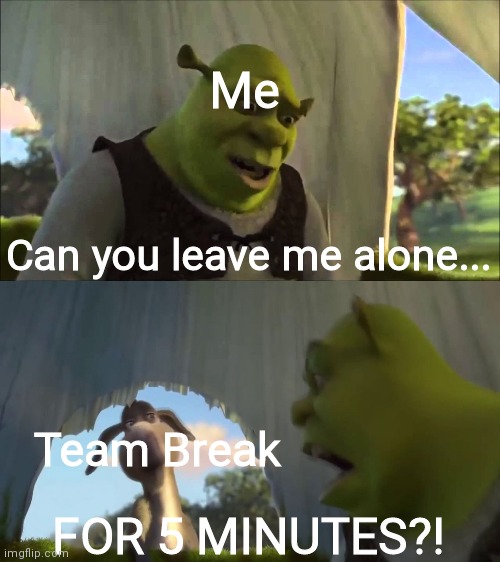 I can see why Lear hates them now | Me; Can you leave me alone... Team Break; FOR 5 MINUTES?! | image tagged in shrek five minutes,pokemon,send help | made w/ Imgflip meme maker
