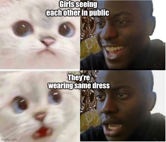 Same same but different | Girls seeing each other in public; They’re wearing same dress | image tagged in dissapointed black guy,memes | made w/ Imgflip meme maker