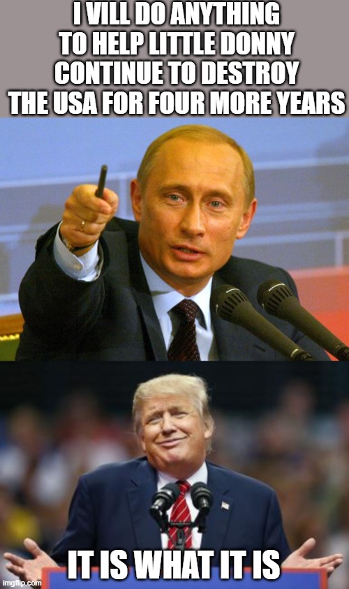 Little donny, Putins best weapon against the United States | I VILL DO ANYTHING TO HELP LITTLE DONNY CONTINUE TO DESTROY THE USA FOR FOUR MORE YEARS; IT IS WHAT IT IS | image tagged in memes,politics,trump russia collusion,impeach trump,maga,donald trump is an idiot | made w/ Imgflip meme maker