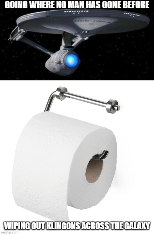 GOING WHERE NO MAN HAS GONE BEFORE; WIPING OUT KLINGONS ACROSS THE GALAXY | image tagged in star trek,toilet paper | made w/ Imgflip meme maker
