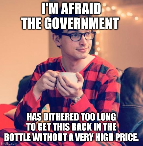 Pajama Boy | I'M AFRAID THE GOVERNMENT HAS DITHERED TOO LONG TO GET THIS BACK IN THE BOTTLE WITHOUT A VERY HIGH PRICE. | image tagged in pajama boy | made w/ Imgflip meme maker