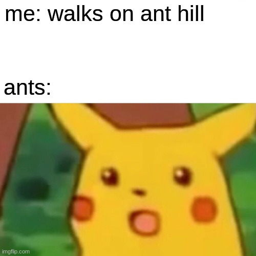 it is so satisfying to step on an ant hill | me: walks on ant hill; ants: | image tagged in memes,surprised pikachu,ants | made w/ Imgflip meme maker