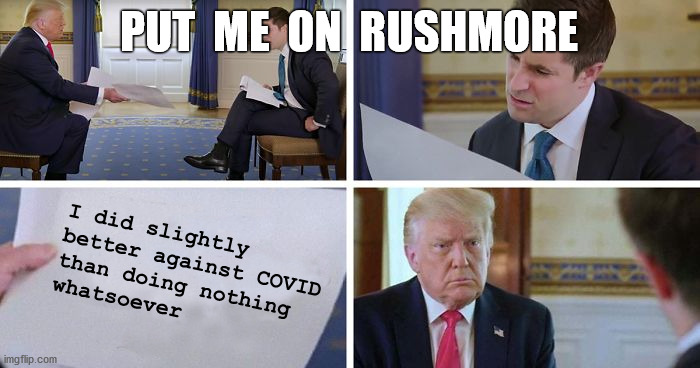 Nobody Likes Me | PUT  ME  ON  RUSHMORE; I did slightly
better against COVID
than doing nothing
whatsoever | image tagged in president pandemic,covid-19,interview,trump sheet,funny,memes | made w/ Imgflip meme maker