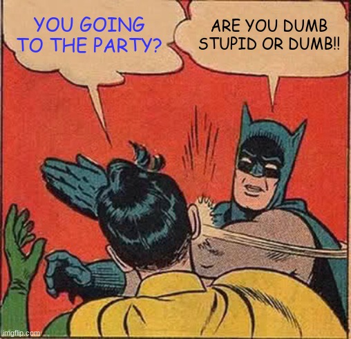 Batman Slapping Robin | YOU GOING TO THE PARTY? ARE YOU DUMB STUPID OR DUMB!! | image tagged in memes,batman slapping robin | made w/ Imgflip meme maker