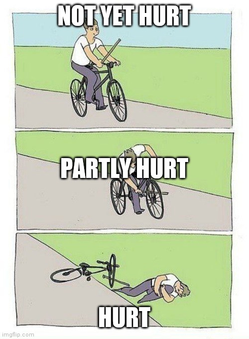 Bike Fall | NOT YET HURT; PARTLY HURT; HURT | image tagged in bike fall | made w/ Imgflip meme maker