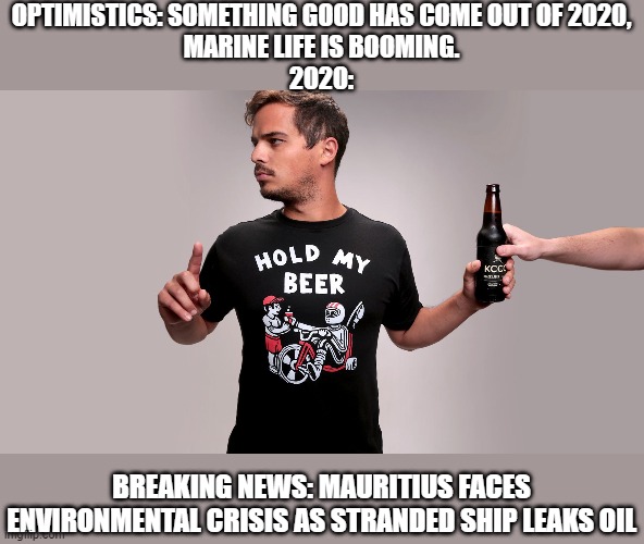 Hold my beer | OPTIMISTICS: SOMETHING GOOD HAS COME OUT OF 2020,
MARINE LIFE IS BOOMING.

2020:; BREAKING NEWS: MAURITIUS FACES ENVIRONMENTAL CRISIS AS STRANDED SHIP LEAKS OIL | image tagged in hold my beer | made w/ Imgflip meme maker