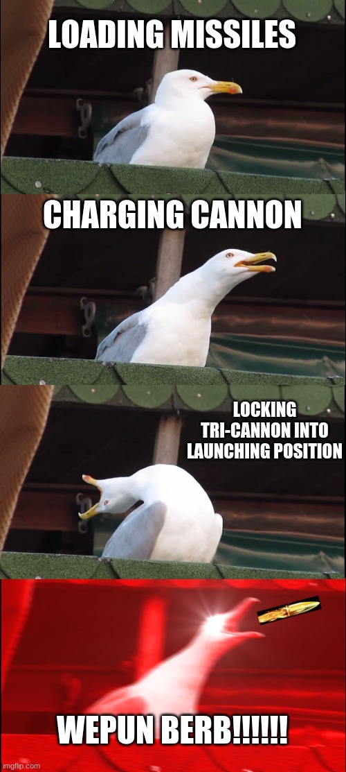 Wepun Birb | LOADING MISSILES; CHARGING CANNON; LOCKING TRI-CANNON INTO LAUNCHING POSITION; WEPUN BERB!!!!!! | image tagged in memes,inhaling seagull | made w/ Imgflip meme maker