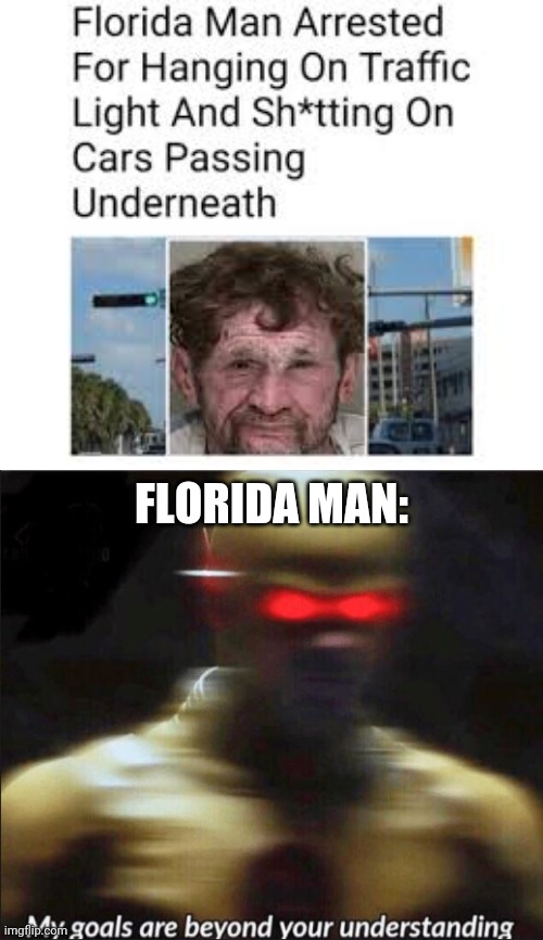 Yes, you read that correctly. |  FLORIDA MAN: | image tagged in my goals are beyond your understanding,florida man,memes,funny | made w/ Imgflip meme maker