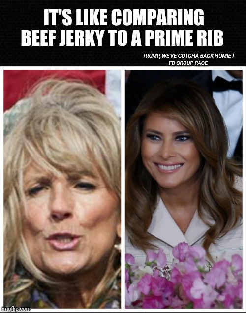 Jill Biden Vs Melania Trump | IT'S LIKE COMPARING BEEF JERKY TO A PRIME RIB; TRUMP, WE'VE GOTCHA BACK HOMIE !
FB GROUP PAGE | image tagged in joe biden,wife,donald trump,flotus,beautiful,2020 election | made w/ Imgflip meme maker