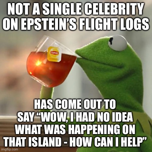 But That's None Of My Business | NOT A SINGLE CELEBRITY ON EPSTEIN’S FLIGHT LOGS; HAS COME OUT TO SAY “WOW, I HAD NO IDEA WHAT WAS HAPPENING ON THAT ISLAND - HOW CAN I HELP” | image tagged in jeffrey epstein,celebrity,pedophiles | made w/ Imgflip meme maker