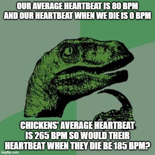 I thought deeply | OUR AVERAGE HEARTBEAT IS 80 BPM AND OUR HEARTBEAT WHEN WE DIE IS 0 BPM; CHICKENS' AVERAGE HEARTBEAT IS 265 BPM SO WOULD THEIR HEARTBEAT WHEN THEY DIE BE 185 BPM? | image tagged in memes,philosoraptor | made w/ Imgflip meme maker